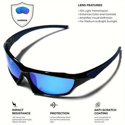 Sunglasses with blue lenses on a white background, featuring lens features and product details.