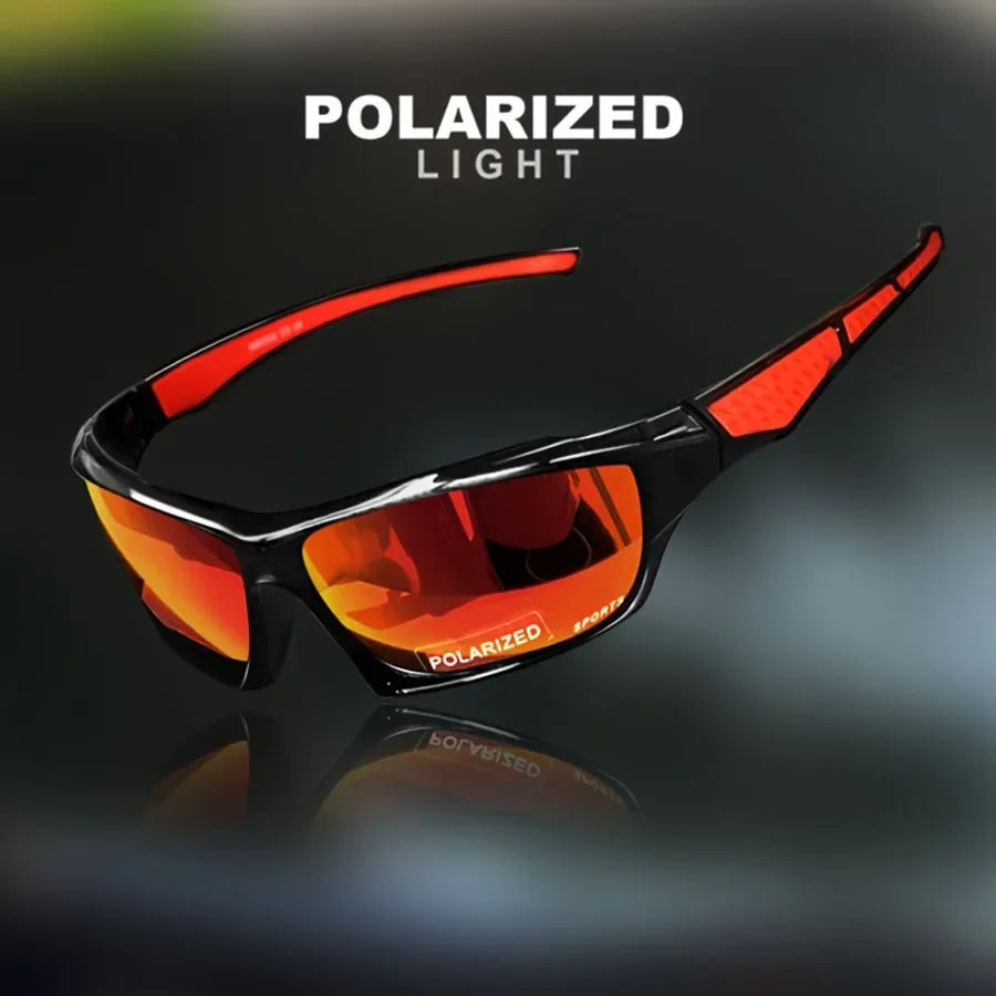 Polarized sunglasses with red frames and orange-tinted lenses on a dark background.