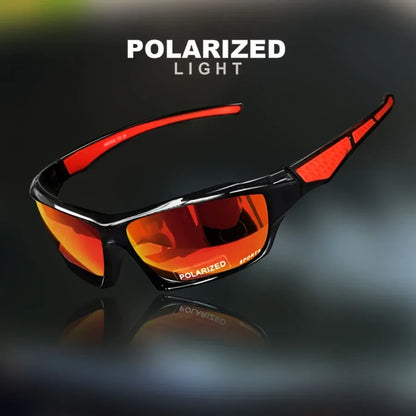 Polarized sunglasses with red frames and orange-tinted lenses on a dark background.