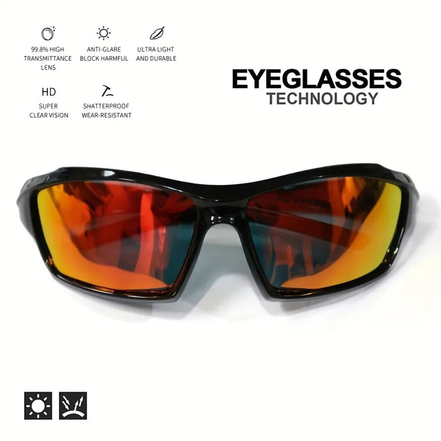 Sunglasses with reflective lenses on a white background, featuring text about eyeglasses technology.