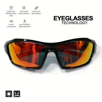 Sunglasses with reflective lenses on a white background, featuring text about eyeglasses technology.